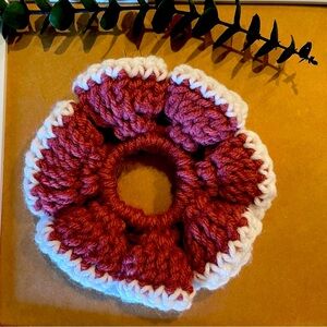 Handmade burgundy and White crochet Scrunchie
